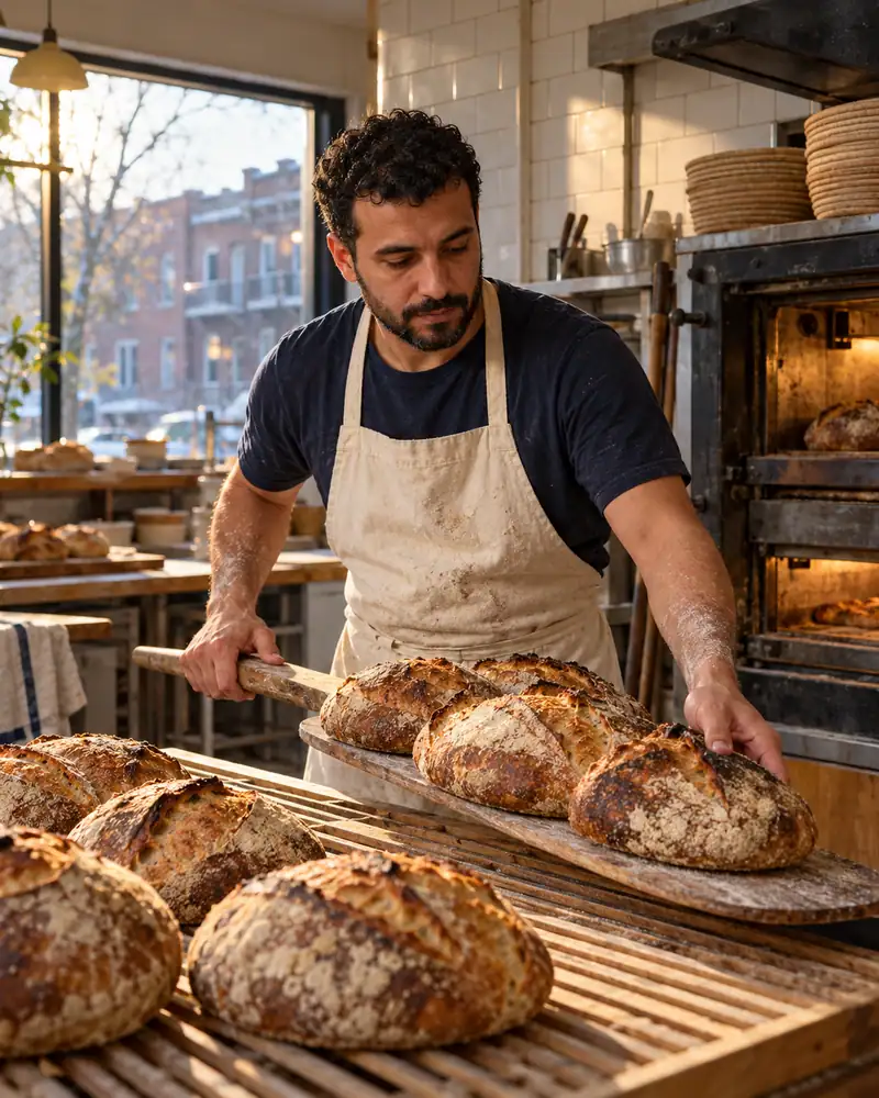 A baker sets freshly baked sourdough loaves on a wooden rack.