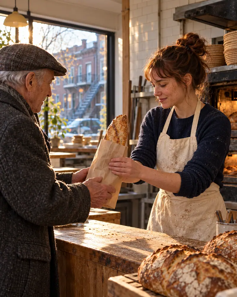 A customer receives a bag of bread at the bakery counter.