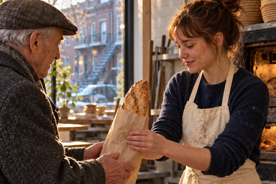 Un client reçoit un sac de pain au comptoir de la boulangerie.