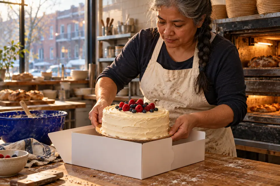 Une pâtissière dépose un gâteau aux petits fruits dans une boîte en carton.