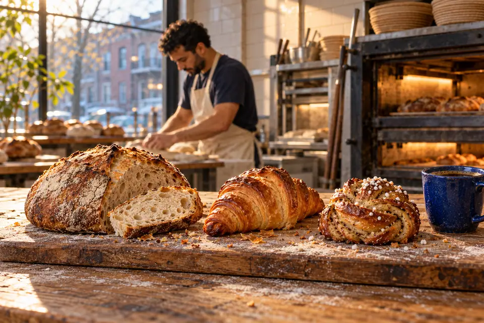 A sliced sourdough loaf, a croissant and a cardamom bun on a wooden board.